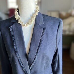Banana Republic 10P Navy Fringe Trim Blazer Career Minimalist Professional Tweed